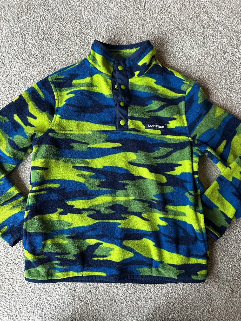 Lands' End Boys' Blue & Green Camo Fleece Snap Pullover